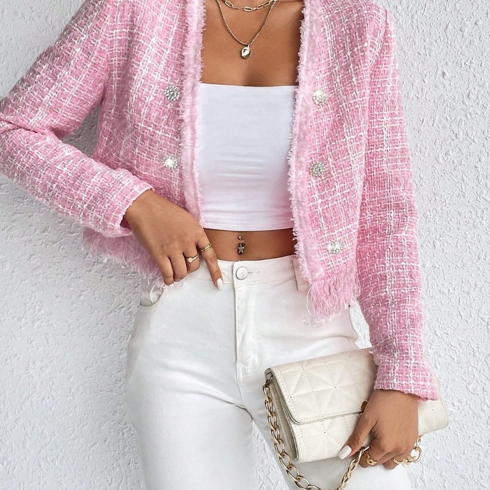 Pink Casual Womens Raw Trim Double Breasted Tweed Overcoat - Picture 4 of 5